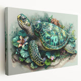 Stretched canvas wall art showcasing a vibrant marine life design featuring a sea turtle in shades of blue and green, perfect for ocean-themed decor.