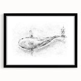 Framed wall art featuring a detailed marine life design showcasing a majestic whale, presented in a sleek black frame with a mat, perfect for ocean-themed decor.
