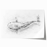 Artistic rolled print showcasing a vibrant whale design, featuring oceanic colors of blue and white, perfect for marine life enthusiasts and coastal decor.