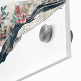 Close-up of a vibrant marine life wall art design featuring a majestic whale, beautifully rendered in acrylic glass with intricate details and vivid colors, perfect for ocean-themed decor.