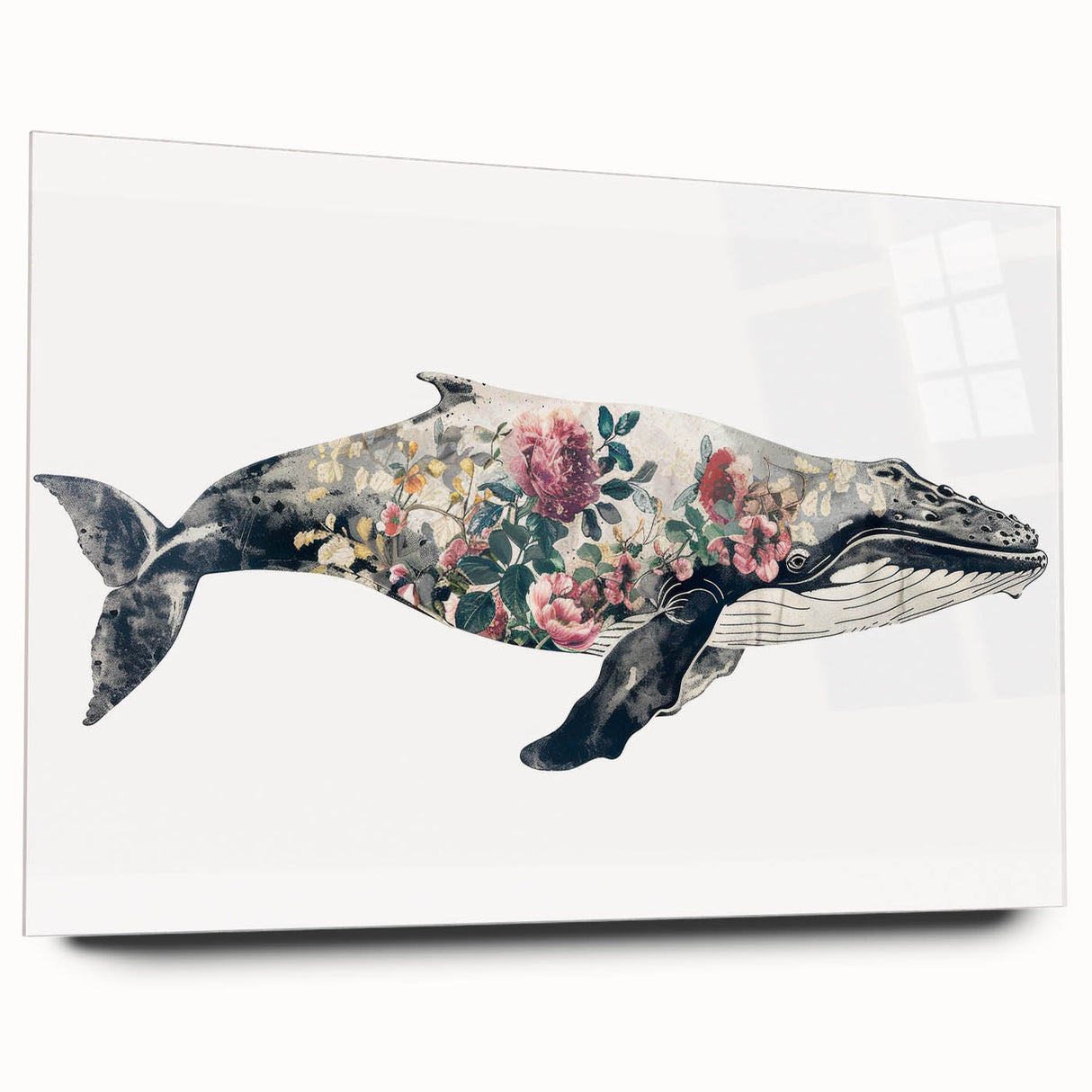 Acrylic wall art featuring a striking side view of a whale, showcasing its intricate details and vibrant colors, perfect for marine life enthusiasts and home decor.