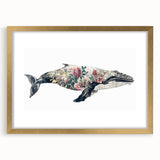 Whale design wall art framed in gold with a mat, showcasing vibrant marine life colors and intricate details, perfect for ocean-themed decor.