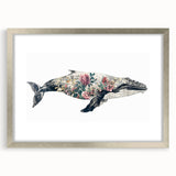 Whale-themed wall art framed in silver, showcasing intricate marine life design with a mat for enhanced depth, perfect for ocean-inspired decor.