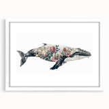 Framed wall art featuring a vibrant whale design in a marine life theme, set against a white mat background, perfect for ocean-themed decor.