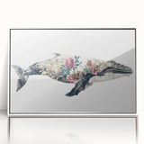 Framed wall art showcasing a marine life whale design, featuring vibrant colors and intricate details, perfect for ocean-themed decor in a white frame.