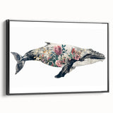 Framed canvas wall art featuring a detailed marine life design, showcasing a majestic whale in shades of blue and white, with a sleek black frame, perfect for ocean-themed decor.