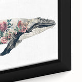 Close-up of a framed canvas wall art piece showcasing a vibrant marine life design featuring a majestic whale against a serene blue ocean backdrop, perfect for ocean-themed decor.