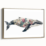 Framed canvas wall art showcasing a stunning marine life design featuring a majestic whale against a gold background, ideal for ocean-themed decor. The artwork captures vibrant colors and intricate details, making it a perfect addition to any living space or marine enthusiast's collection.