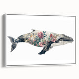 Framed canvas wall art showcasing a detailed marine life design featuring a majestic whale in a serene ocean setting, with a white frame enhancing its visual appeal. Perfect for nature lovers and coastal decor enthusiasts.