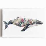 Stretched canvas wall art showcasing a detailed illustration of a majestic whale in vibrant blue and teal hues, perfect for marine-themed decor.