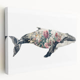 Stretched canvas wall art featuring a detailed side view of a majestic whale, showcasing vibrant blue tones and fluid lines, perfect for marine life decor enthusiasts.