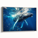 Framed canvas wall art featuring a side view of a majestic whale design in shades of blue and silver, ideal for marine life enthusiasts and coastal decor.