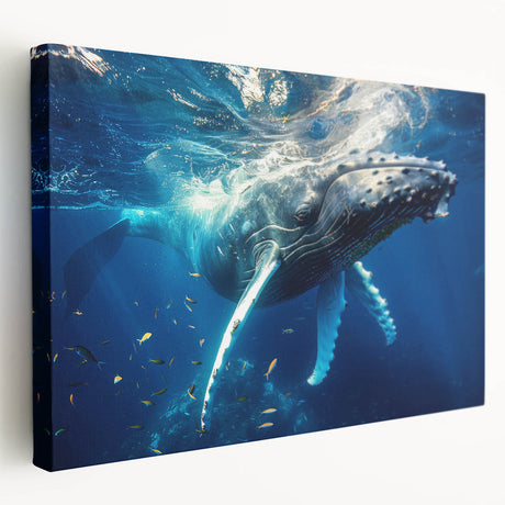 Stretched canvas wall art showcasing a vibrant marine life design featuring a majestic whale swimming amidst colorful ocean elements, perfect for ocean-themed decor.