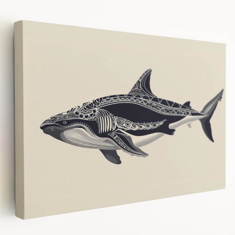 Stretched canvas artwork showcasing a detailed marine life whale design, featuring vibrant blues and greens, perfect for ocean-themed decor in a living room or office.