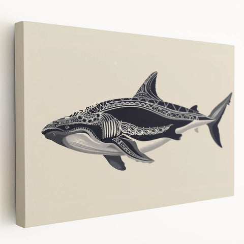 Stretched canvas artwork showcasing a detailed marine life whale design, featuring vibrant blues and greens, perfect for ocean-themed decor in a living room or office.