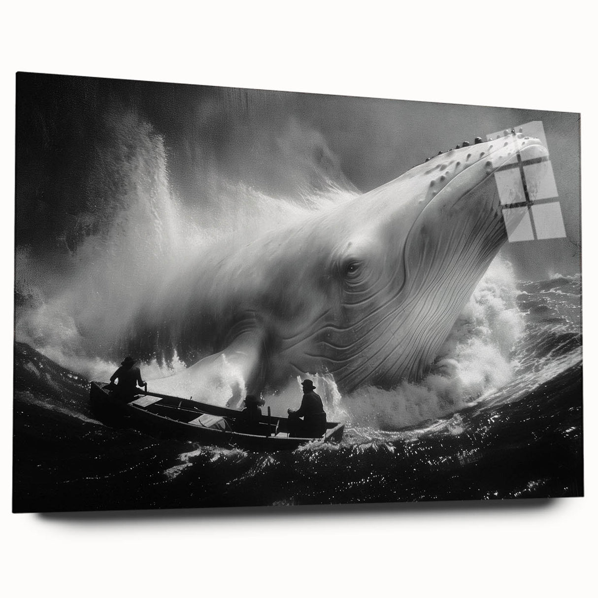 Side view of a marine life-themed wall art piece featuring a striking whale design printed on acrylic glass, showcasing vibrant colors and intricate details, perfect for ocean lovers.