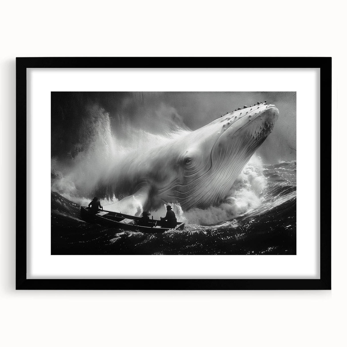 Framed black wall art featuring a stunning marine life design of a whale, showcasing intricate details and vibrant colors, ideal for ocean-themed decor.