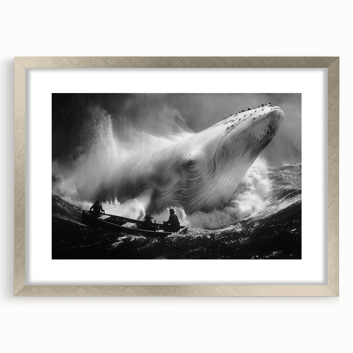 Framed wall art featuring a stunning silver design of a marine life whale, elegantly displayed with a mat, ideal for ocean-themed decor in homes or offices.