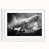 Framed wall art showcasing a stunning blue whale design, set against a white mat and frame, ideal for marine life enthusiasts and home decor.