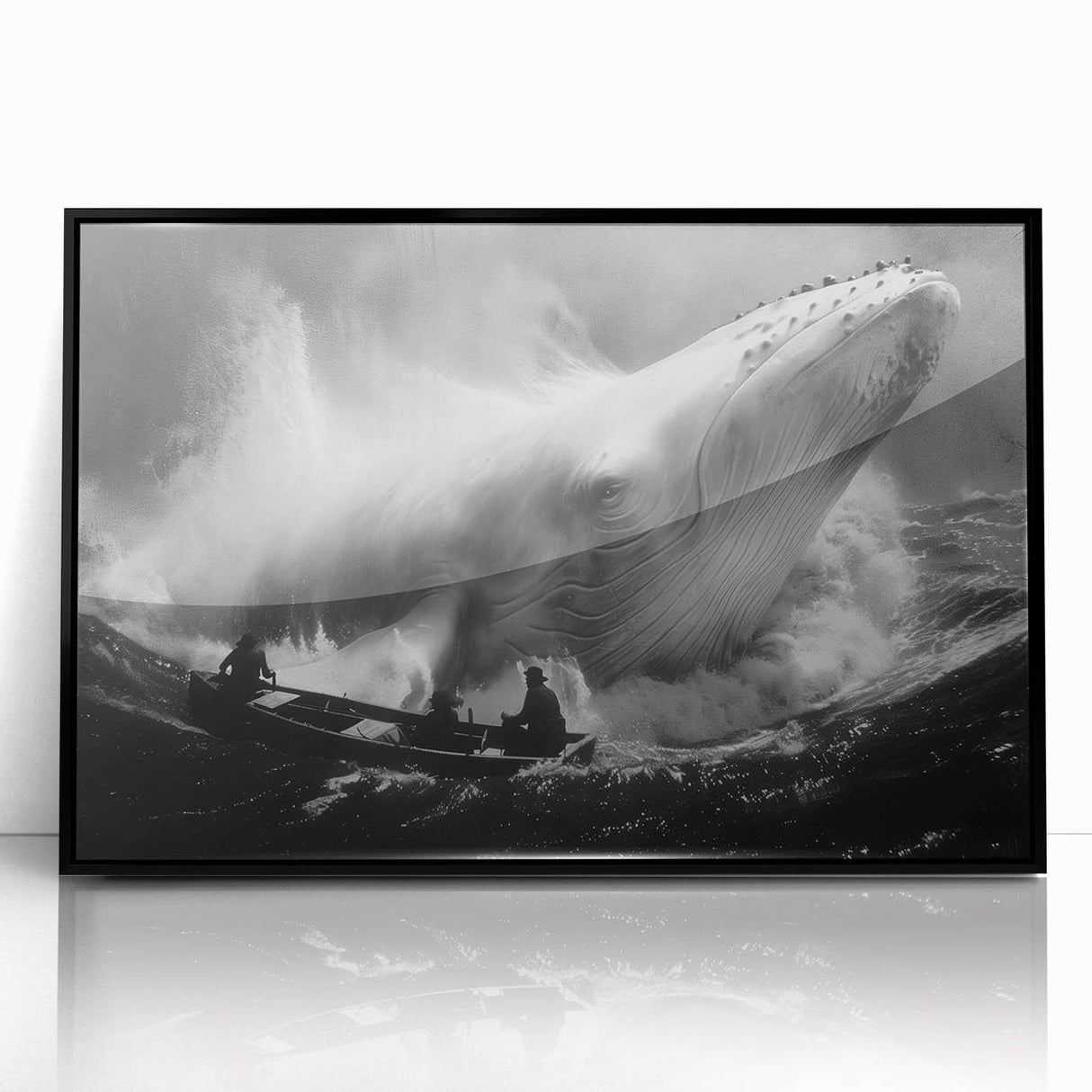 Framed acrylic wall art showcasing a vibrant marine life design featuring a whale, with a sleek black frame, ideal for ocean-themed decor in modern interiors.