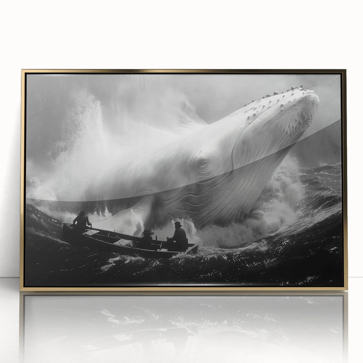 Framed acrylic wall art featuring a stunning marine life design showcasing a whale against a gold background, perfect for ocean-themed decor and enhancing living spaces.