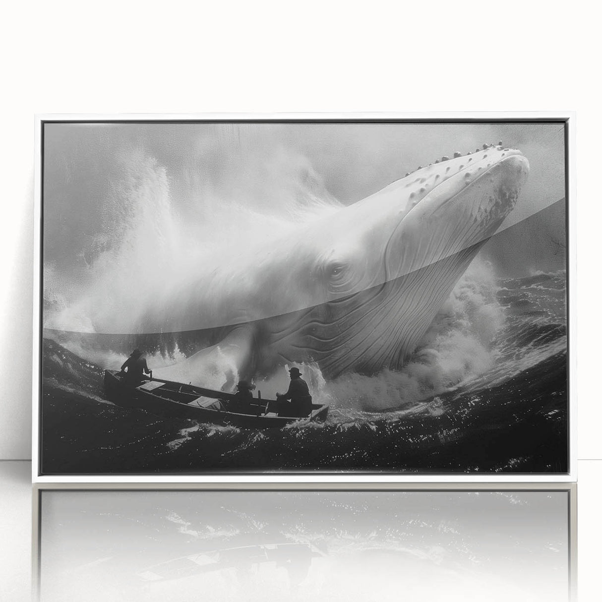 Framed wall art featuring a detailed illustration of a majestic whale in vibrant colors, set against a sleek white background, perfect for marine life enthusiasts and coastal decor.