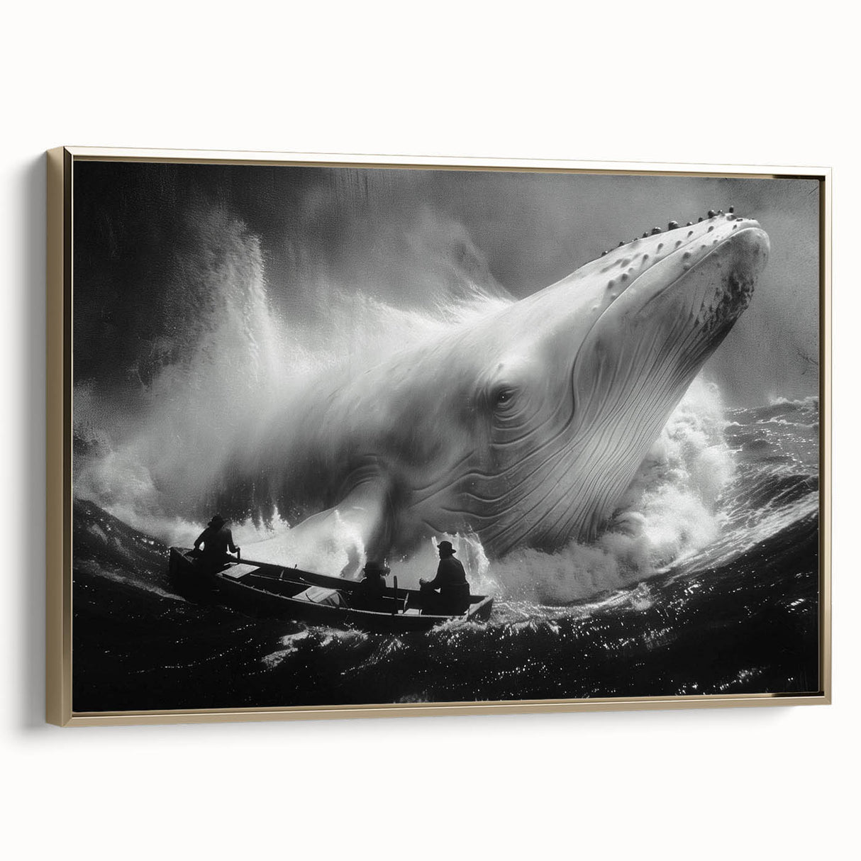Framed canvas wall art featuring a graceful whale design, with a gold accent border, showcasing marine life in an elegant side view, perfect for ocean-themed decor.