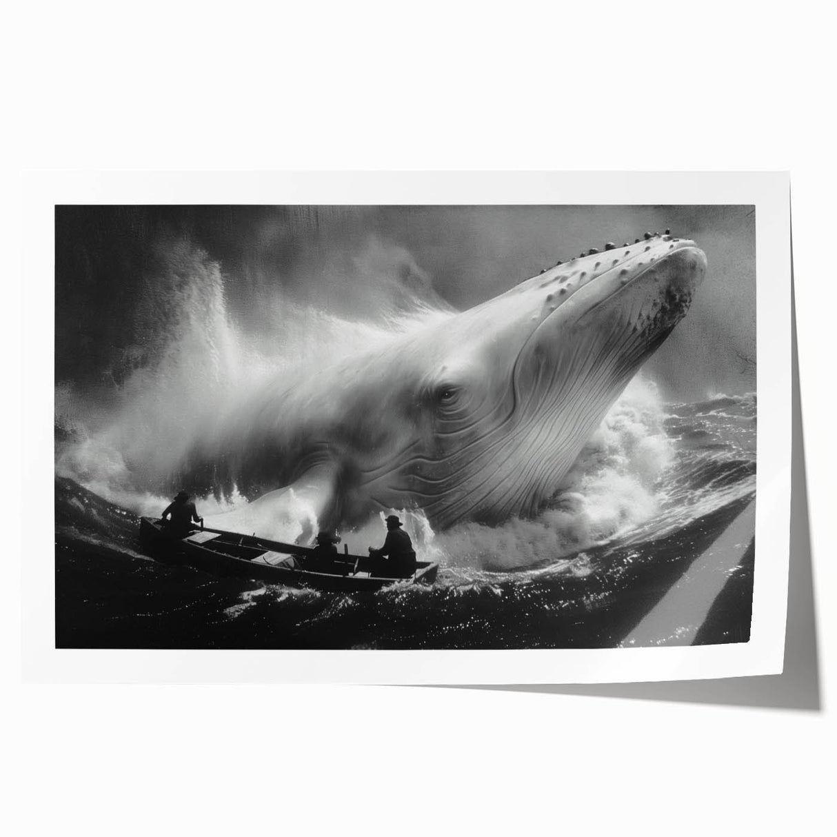 Whale-themed wall art print showcasing vibrant marine life details in blue and white, rolled and packaged securely in a cardboard tube for easy display.