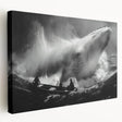 Stretched canvas wall art depicting a graceful whale design in shades of blue and white, showcasing marine life, perfect for ocean-themed decor.