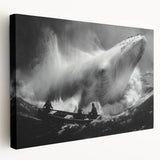 Stretched canvas wall art depicting a graceful whale design in shades of blue and white, showcasing marine life, perfect for ocean-themed decor.