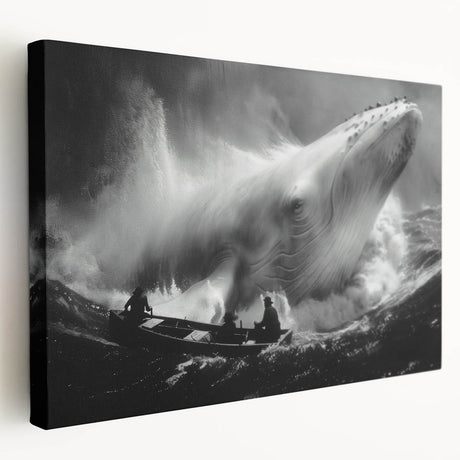Stretched canvas wall art depicting a graceful whale design in shades of blue and white, showcasing marine life, perfect for ocean-themed decor.