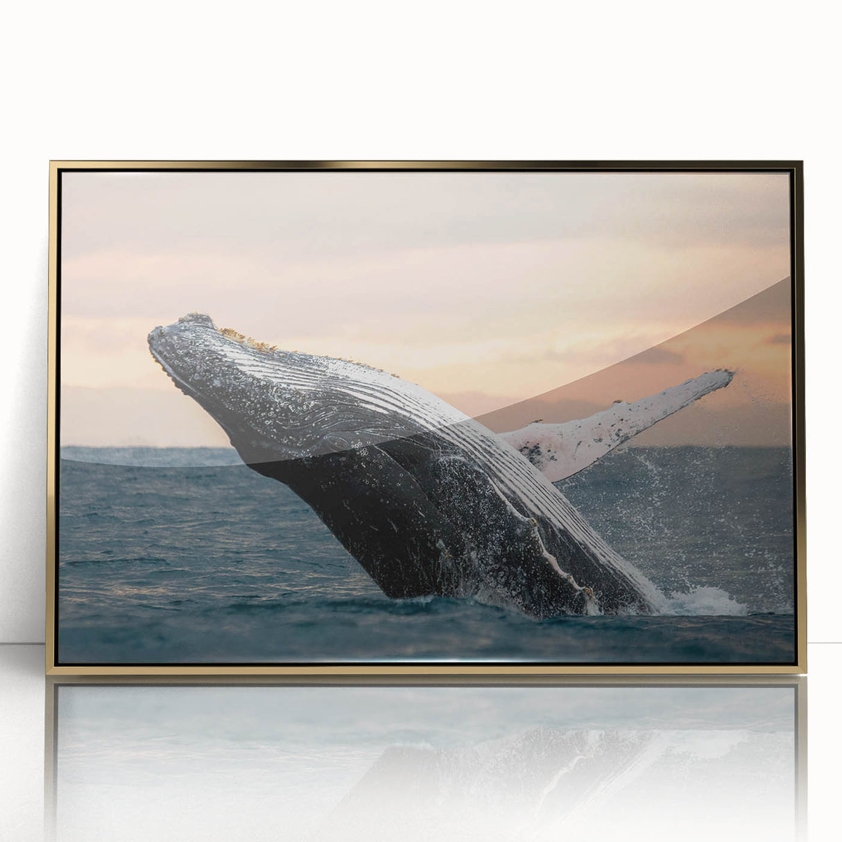 Framed wall art featuring a stunning whale design in a marine life theme, set against a gold-acrylic background, perfect for ocean enthusiasts and home decor.