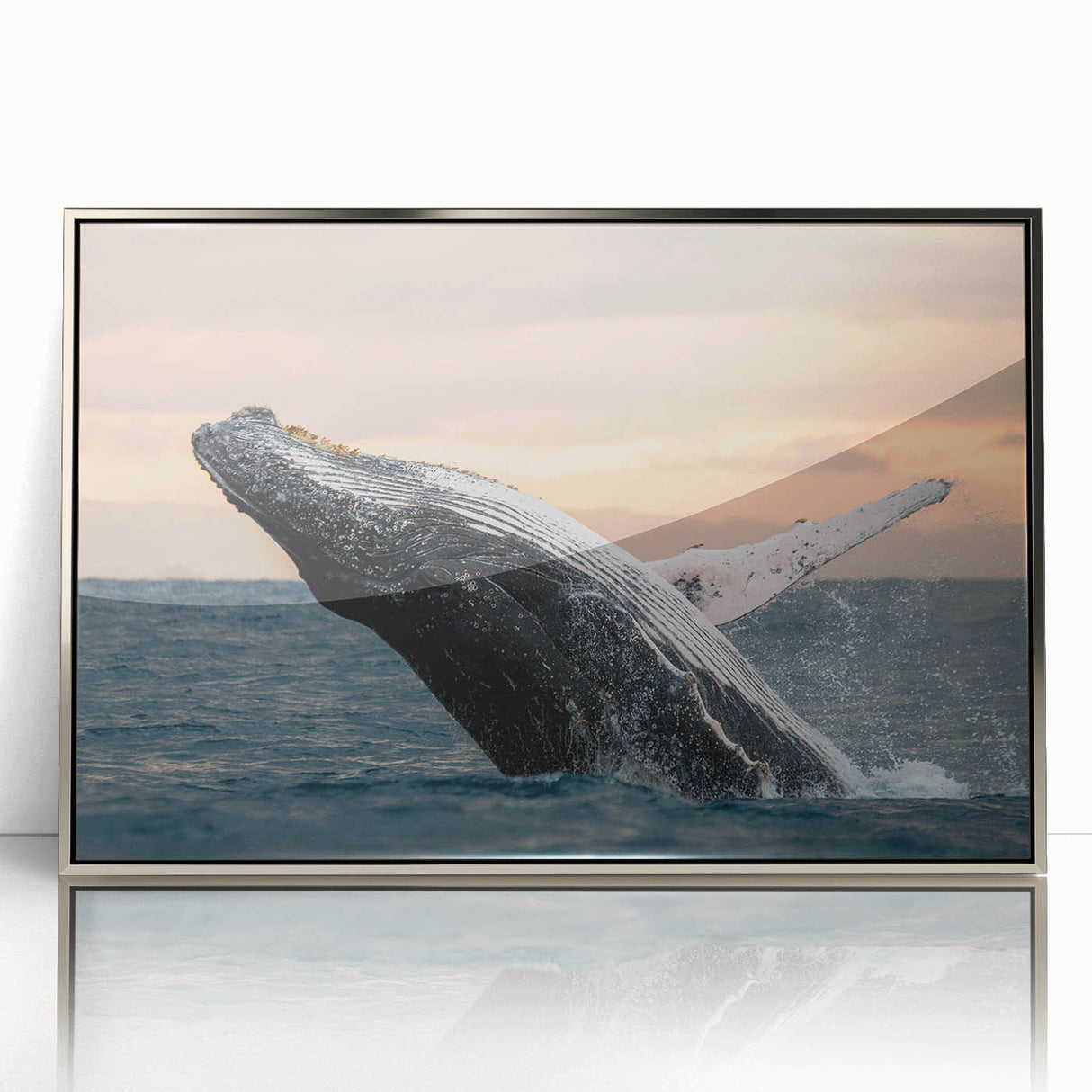 Framed wall art featuring a stunning whale design in marine life theme, showcasing vibrant colors and a sleek silver frame, perfect for ocean lovers' decor.