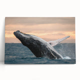Stretched canvas wall art depicting a majestic blue whale swimming through vibrant marine life, perfect for ocean-themed decor. Ideal for nature lovers and ocean enthusiasts.