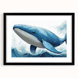 Framed wall art featuring a black mat and a stunning whale design, showcasing marine life in vibrant colors, perfect for ocean-themed decor.