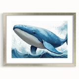 Framed wall art depicting a stylized whale design in a silver frame with a mat, showcasing marine life aesthetics perfect for ocean-themed decor.