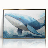 Framed acrylic wall art featuring a stunning gold and blue whale design, perfect for marine life enthusiasts, set against a sleek backdrop for modern decor.
