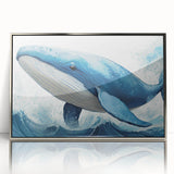 Framed wall art featuring a detailed marine life design with a whale in vibrant colors, accented by a sleek silver frame, perfect for ocean-themed decor.