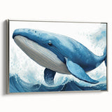 Framed wall art featuring a silver side view of a majestic whale swimming amidst marine life, showcasing intricate details and vibrant colors, perfect for ocean-themed decor.