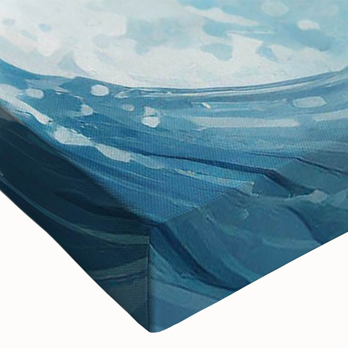 Close-up of a vibrant, stretched canvas wall art piece featuring a detailed marine life design of a whale, showcasing rich blues and intricate textures, perfect for ocean-themed decor.