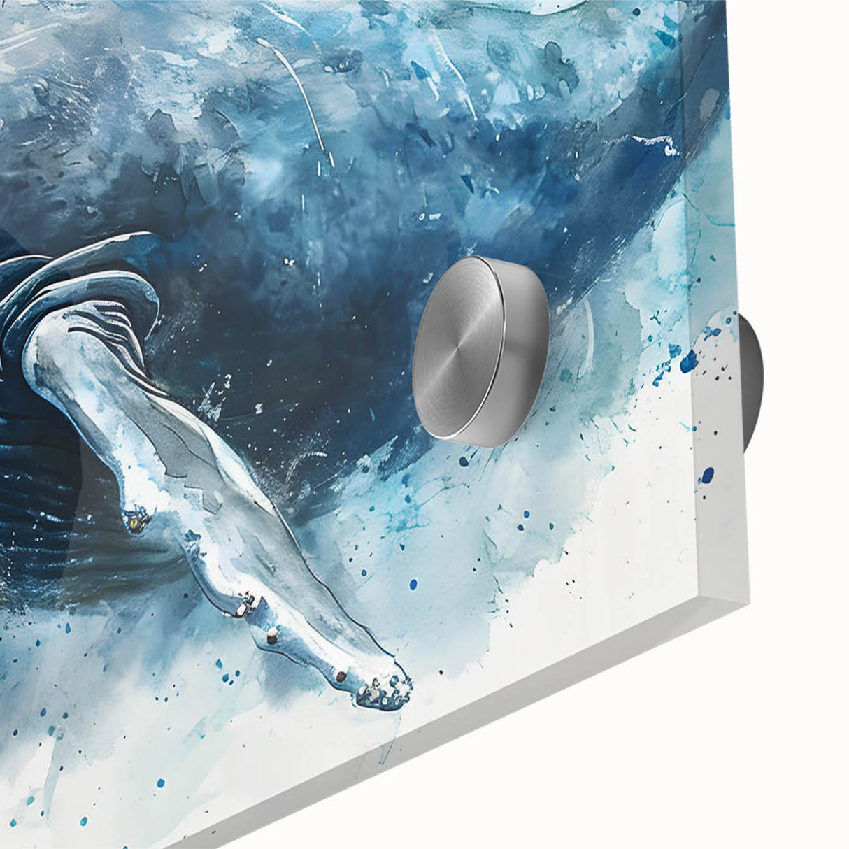 Close-up of a vibrant acrylic wall art piece showcasing a detailed marine life whale design, highlighting the intricate textures and colors, perfect for ocean-themed decor.