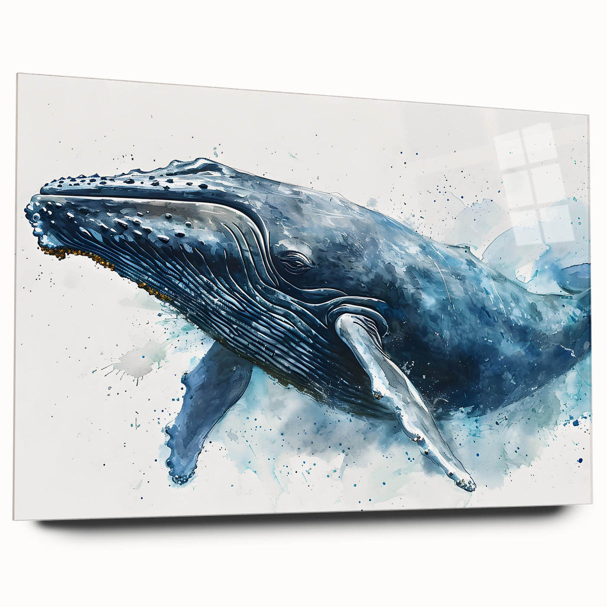 Acrylic wall art displaying a detailed side view of a whale, showcasing vibrant marine life colors and intricate design elements, perfect for ocean-themed decor.