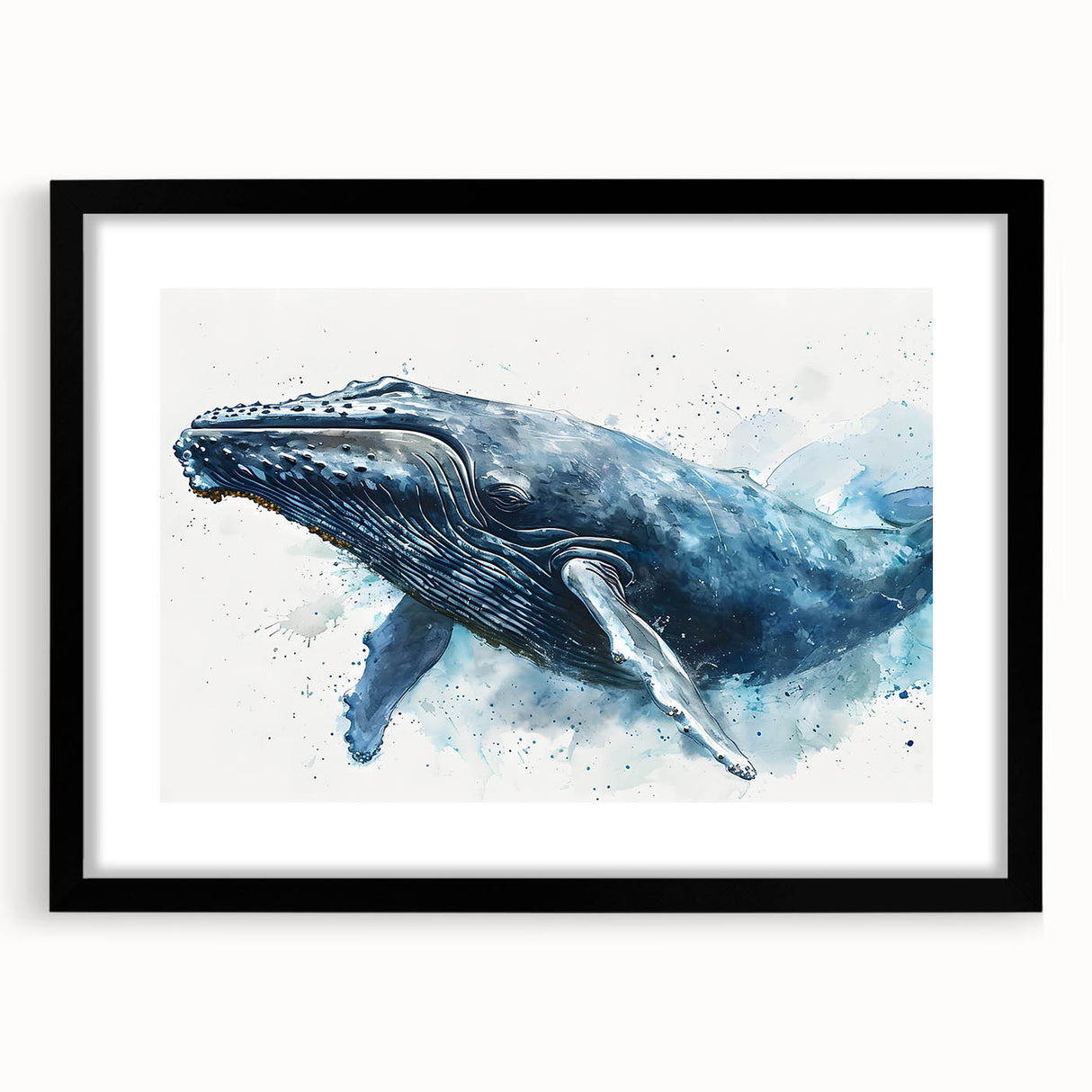 Black-framed wall art featuring a striking whale design from the marine life collection, showcasing intricate details and vibrant colors, perfect for ocean-themed decor.