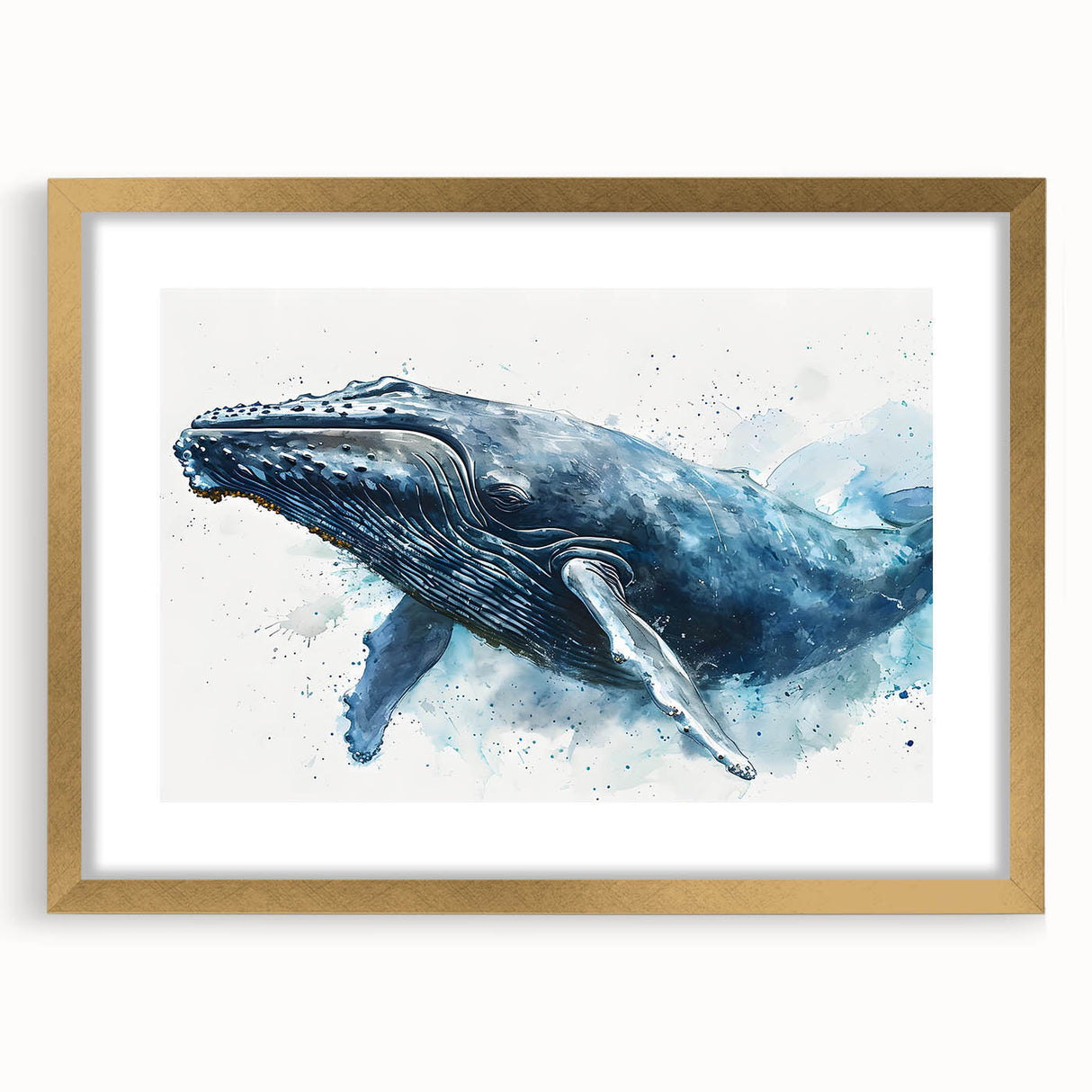 Elegant gold-framed wall art featuring a stunning marine life design with a whale, perfect for ocean-themed decor. Ideal for enhancing coastal interiors.