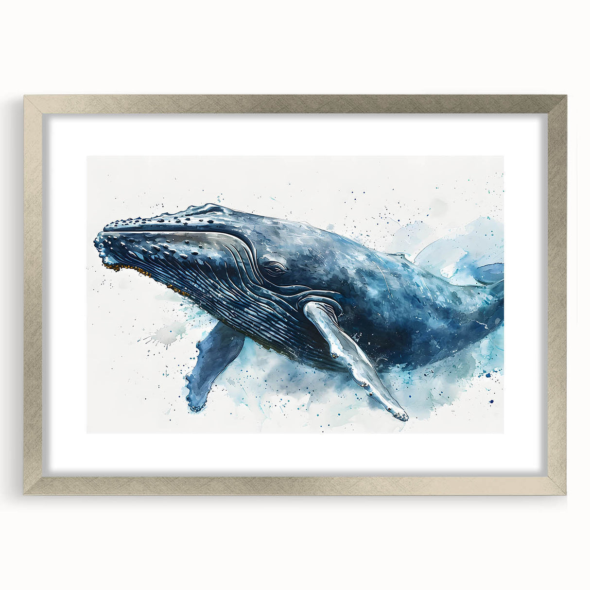 Framed wall art featuring a silver mat and marine life whale design, showcasing intricate details and vibrant colors, perfect for ocean-themed decor.