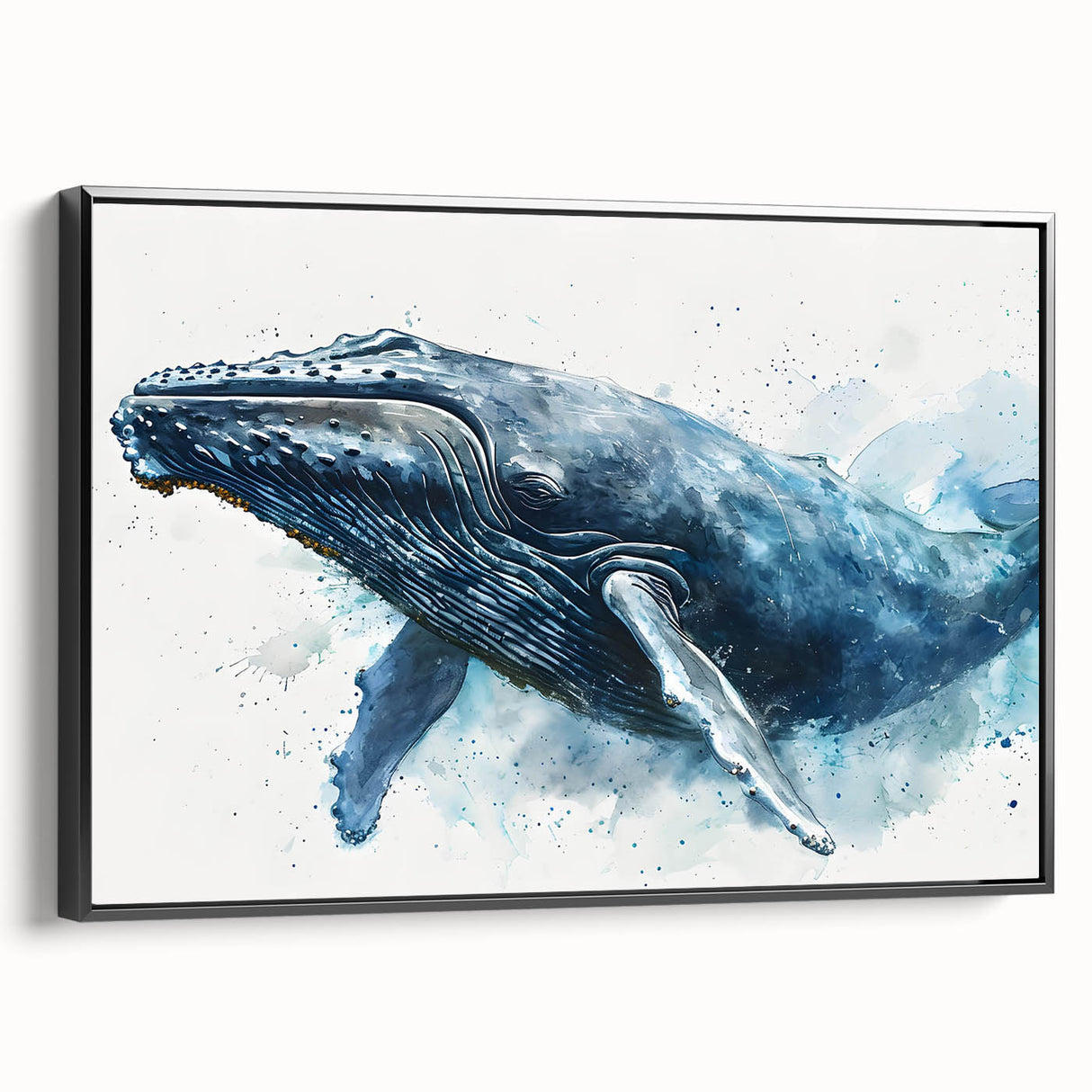 Framed canvas wall art showcasing a sleek black design of a whale in marine life theme, perfect for ocean lovers and modern decor enthusiasts.