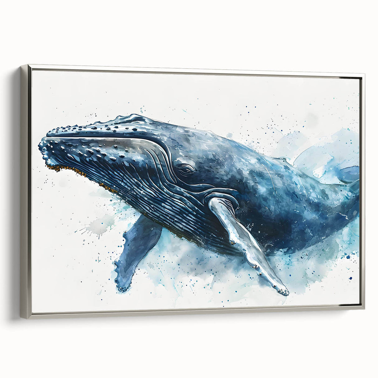 Framed wall art featuring a stunning side view of a marine life whale design, showcased in a silver frame, ideal for ocean-themed decor in modern interiors.