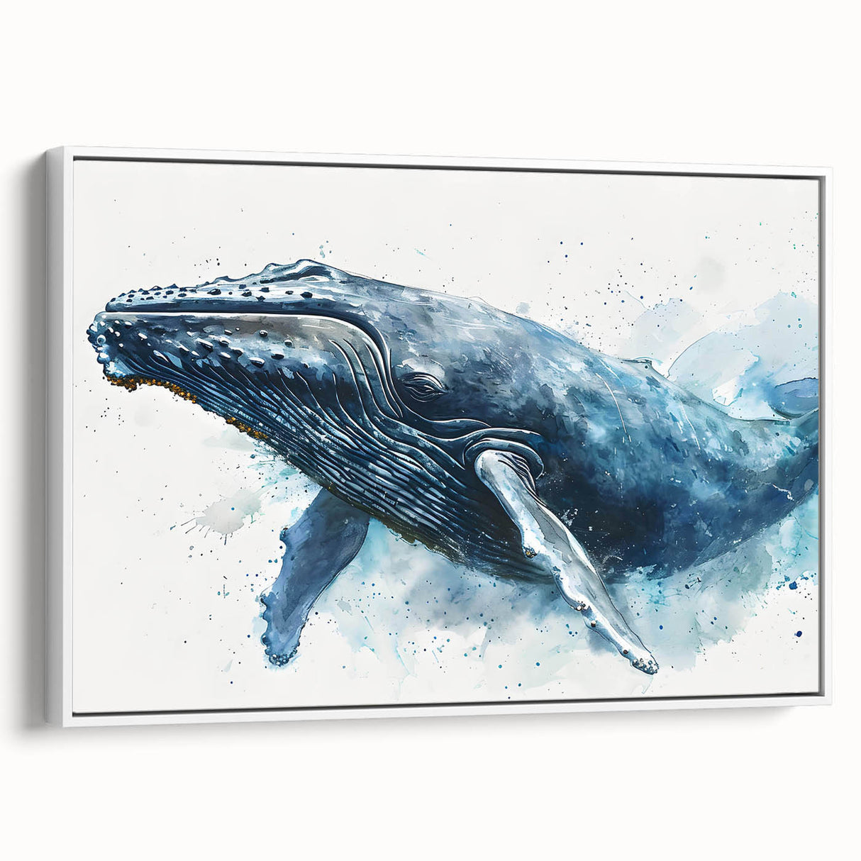 Framed canvas wall art featuring a striking whale design in shades of blue and white, showcasing marine life with elegant details, perfect for ocean-themed decor.