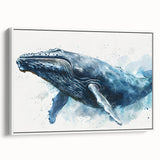 Framed canvas wall art featuring a striking whale design in shades of blue and white, showcasing marine life with elegant details, perfect for ocean-themed decor.