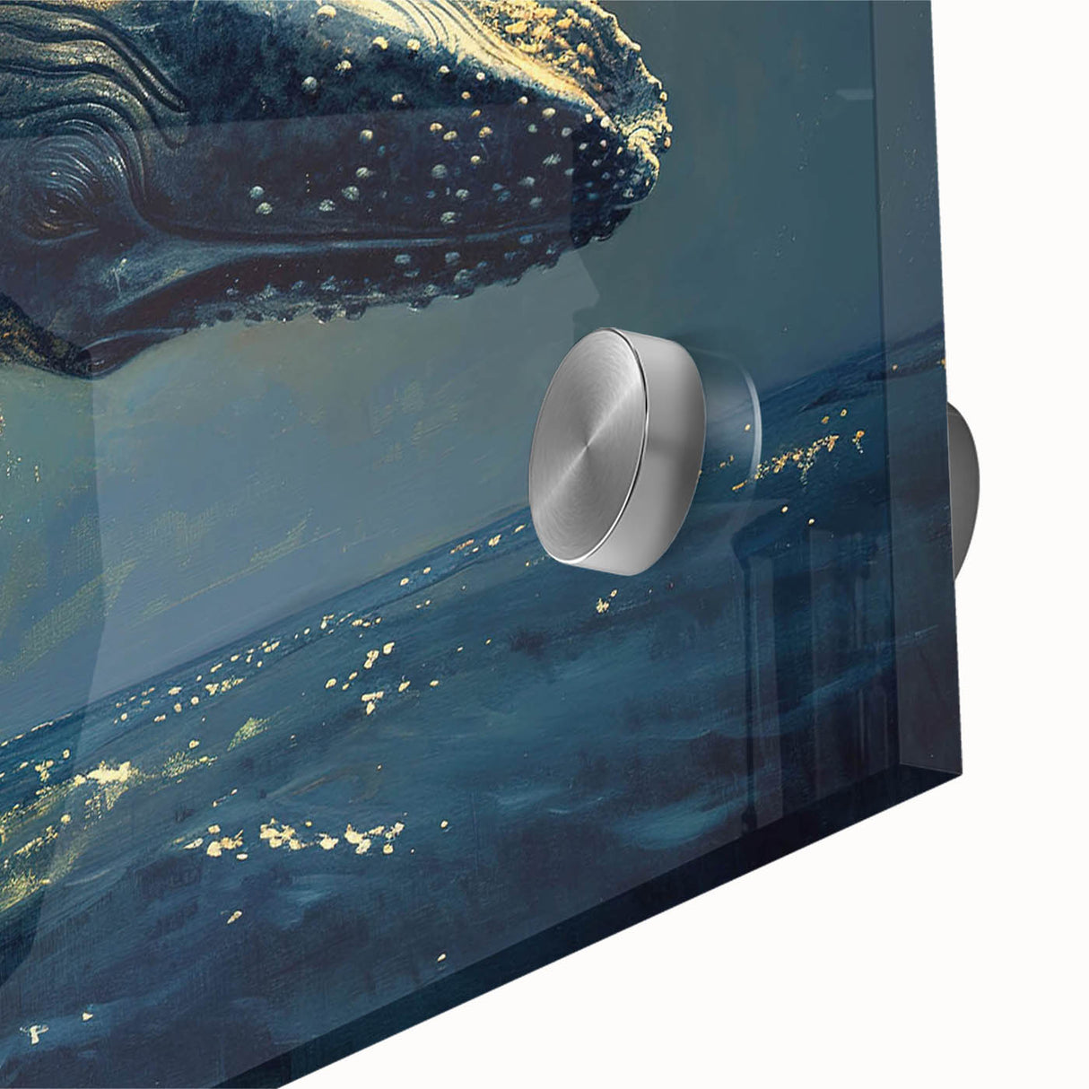 Close-up of a striking marine life wall art design featuring a majestic whale, printed on acrylic glass, showcasing vivid colors and intricate details.